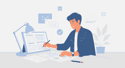 Poster - Creative Young Man Working On Website Interface Sketching Concept Design