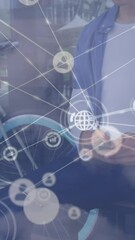 Poster - Animation of network of connections and sky with clouds over african american man using smartphone