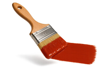 Poster - Paint brush with vivid red paint stroke isolated on transparent background, artistic tool