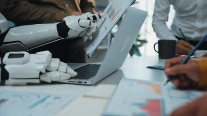 Poster - Business professionals utilizing AI-powered analytics tools to improve decision-making, emphasizing the evolution of artificial intelligence in modern workplaces. Noogenesis AI