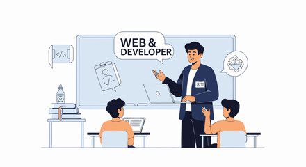 Poster - Instructor Teaching Web Development Skills To Students In Modern Classroom Setting