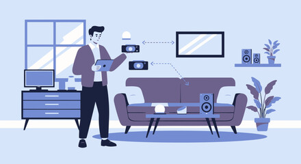 Poster - Man Controls Smart Home Devices Through Tablet Connectivity Comfort Automation