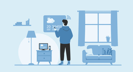 Poster - Man Interacting With Smart Home System Using Touch Screen Interface Display