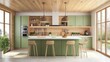 © Alethea - Modern kitchen with green cabinets, white counters, wooden ceiling, and pendant lights. A cozy island setup and warm tones.