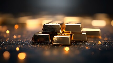 Poster - Shiny gold bars scattered on dark glittering surface with warm bokeh lights in background, luxury wealth concept for financial and investment designs.