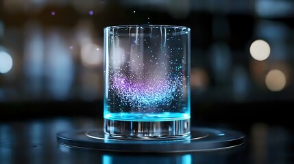 Poster - Glowing particles float in clear liquid creating magical effect in glass on dark background with bokeh lights, suitable for beverage and mixology concepts.
