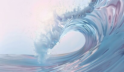 Poster - Powerful ocean wave in soft pastel colors, turquoise and pink, breaking with dynamic motion and spray against dreamy sky background.