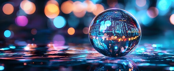 Poster - Crystal ball reflecting urban night lights and circuit patterns with colorful bokeh background creates magical atmosphere for creative photography and design projects.