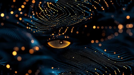 Poster - Mysterious glowing eye surrounded by flowing digital particles and golden bokeh lights against dark background creates magical cosmic atmosphere.
