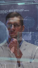 Poster - Animation of graphical interface with moving coding and charts over thoughtful caucasian doctor