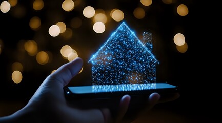 Poster - glowing blue hologram house floating above smartphone in dark room with bokeh lights background crea