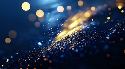 Poster - Glowing golden and blue particles with bokeh light effects on dark background create magical atmosphere for festive designs and luxury backgrounds.