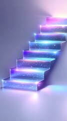 Poster - Glowing neon staircase with blue and purple light effects, sparkling particles and luminous steps ascending against gradient background for success concept.