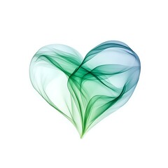 Poster - Ethereal heart shape formed by flowing green and turquoise smoke-like waves on white background, creating a delicate and romantic symbol for wellness and love.