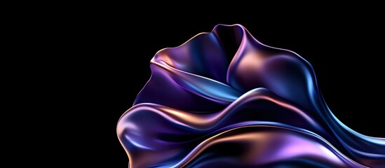 Poster - Smooth flowing metallic fabric with iridescent purple, blue and rose gold colors against black background creates elegant abstract waves and folds. Luxury design element.