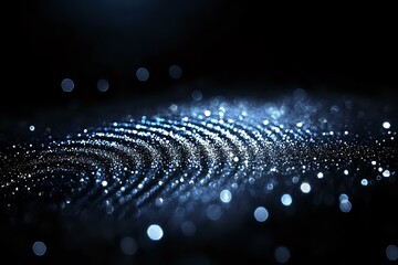 Aufkleber - Glowing blue particles forming wave pattern on dark background with bokeh light effect and shimmering dust, creating futuristic abstract composition.