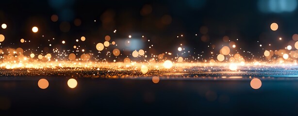 Poster - Glowing golden particles and bokeh lights create magical atmosphere against dark background, abstract festive panoramic composition for holiday designs.