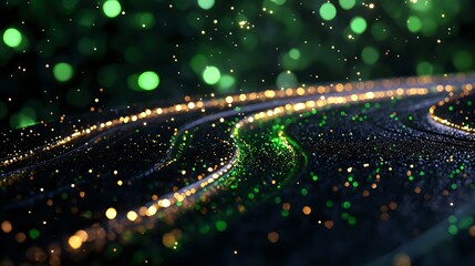 Aufkleber - Abstract glowing green and gold particles with curved light trails against dark background, creating magical bokeh effect and dynamic movement pattern.
