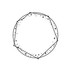 Poster - Celestial Frame: A hand-drawn circular frame design with a celestial theme, featuring a heptagon inscribed within a circle, adorned with small stars for a mystical and enchanting effect.