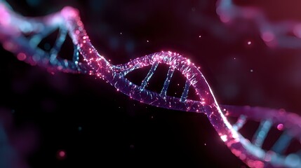 Poster - Glowing pink DNA helix strand on dark background with sparkles and bokeh effects, scientific molecular structure visualization for genetics research and biotechnology.