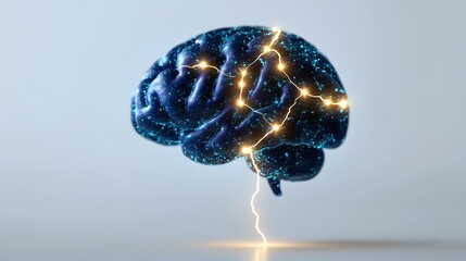 Aufkleber - Glowing neural network inside dark blue brain with lightning connection to surface, representing artificial intelligence and brain activity on light background.