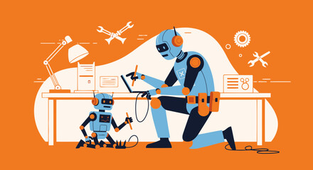 Poster - Robots Developing Future Technology On Computer On Orange Background
