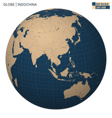 Poster - Vector Globe centered to Indochina. Deep Sea Blue Light Sand palette. World map with meridians, parallels, countries, rivers and lakes. Creative vector illustration.