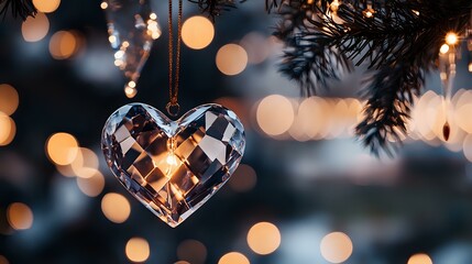Poster - Crystal heart ornament hanging on Christmas tree branch with warm bokeh lights creating romantic holiday atmosphere. Perfect for seasonal decorative designs.
