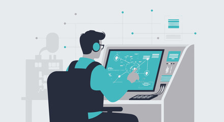 Aufkleber - Technician Monitors Automated System Control Center With Digital Display Console