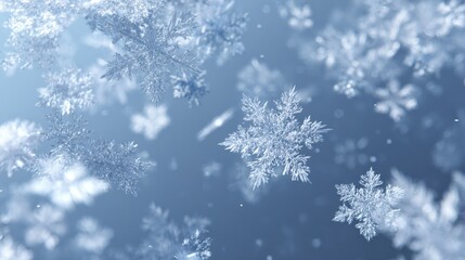 Poster - Delicate snowflakes drifting softly across pale blue background, capturing serene winter atmosphere with gentle, crystalline elegance and seasonal tranquility
