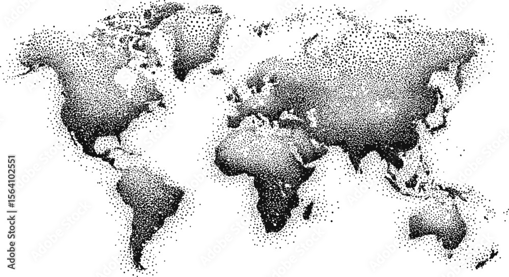 Dotted black and white world map illustration with global texture ...