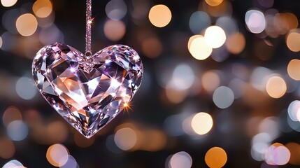 Poster - Crystal heart pendant sparkling against blurred bokeh lights background in warm golden and purple tones, creating romantic festive atmosphere.