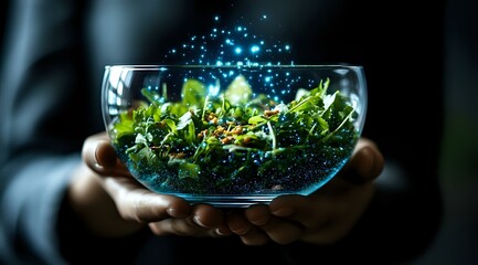 Poster - Magical glowing terrarium with green plants and sparkling lights held in hands against dark background, creating mystical garden atmosphere in glass bowl.