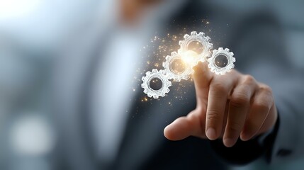 Poster - Businessman touching glowing digital gears interface, representing business process automation and digital transformation technology solutions.