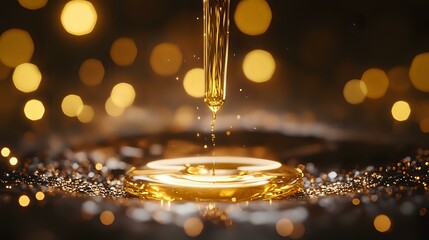 Poster - Golden liquid drop creating ripple effect on reflective surface with glowing bokeh lights in background, macro photography capturing luxurious cosmetic oil splash moment.