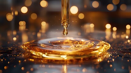 Poster - Golden liquid stream creating circular ripple effect on surface with warm bokeh lights and splashing droplets in dark atmospheric setting.