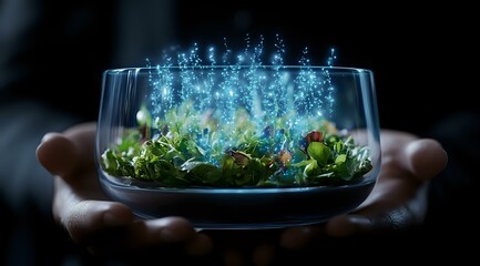Poster - Magical glowing terrarium with blue luminescent particles floating above miniature garden landscape in glass bowl held by hands against dark background.