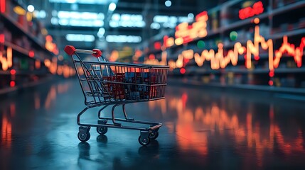 Poster - Empty shopping cart against blurred stock market chart background with red neon lights reflecting on dark surface, representing retail trading concept.