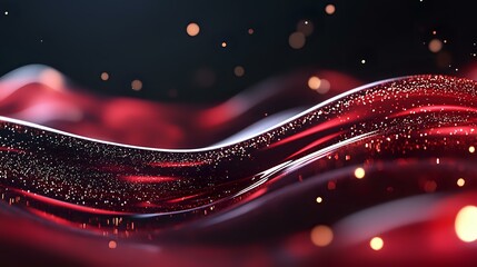 Poster - Flowing red waves with glittering particles and bokeh effects on dark background create dynamic abstract composition for luxury designs and festive backgrounds.