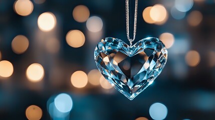 Poster - Crystal heart pendant with blue tint hanging against blurred warm bokeh lights background creates romantic atmosphere for Valentine's day and love concepts.