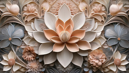 intricate geometric wallpaper design featuring layered flowers in soft misted tones