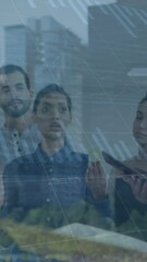 Poster - Animation of data processing and cityscape over diverse business people in office