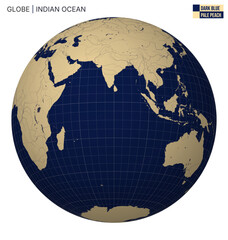 Poster - Vector Globe centered to Indian Ocean. Dark Blue Pale Peach palette. World map with meridians, parallels, countries, rivers and lakes. Alive vector illustration.