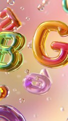 Poster - Floating, glossy, and iridescent, a whimsical composition of vibrant, alphabet letter, each reflecting light and movement.