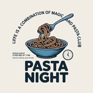 Delightful pasta night poster for restaurant promotion, a tasty bowl of spaghetti with promotional text, perfect as a graphic element for food branding and culinary designs.