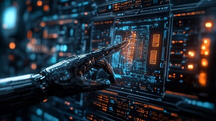 Poster - Robotic Hand Interacting with Futuristic Interface Displaying Complex Data