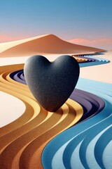 Poster - Heart-shaped stone on colorful layered pathway in desert landscape