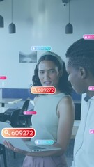 Poster - Animation of social media icons over diverse man and woman discussing over a laptop at office