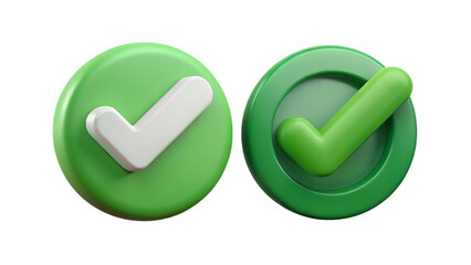 Poster - Two 3d green checkmarks in circles one with a white checkmark and the other with a green checkmark isolated on transparent background isolated on white background