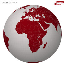 Poster - Vector Globe centered to Africa. Snow White Crimson palette. World map with meridians, parallels, countries, rivers and lakes. Captivating vector illustration.